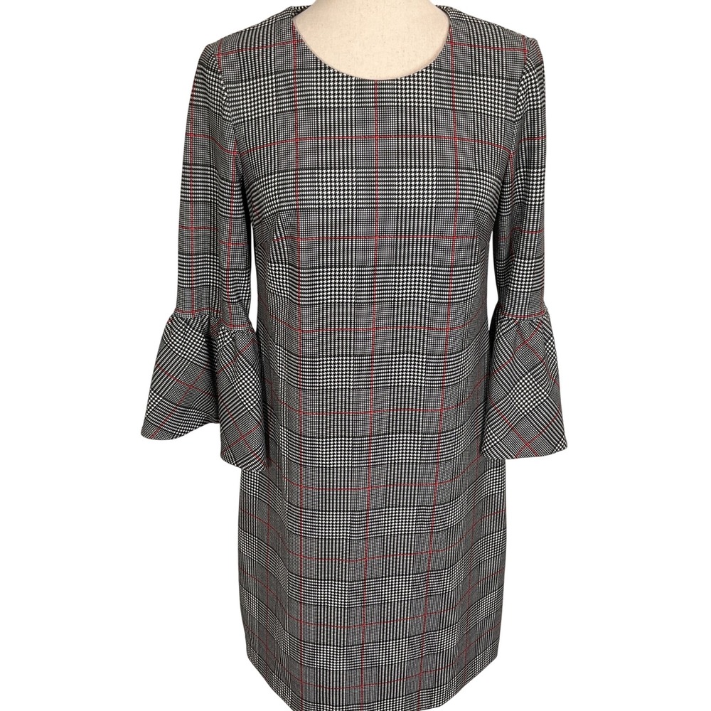 Calvin Klein Dress Women 6 Black Pink Houndstooth Plaid Sheath Flare Career